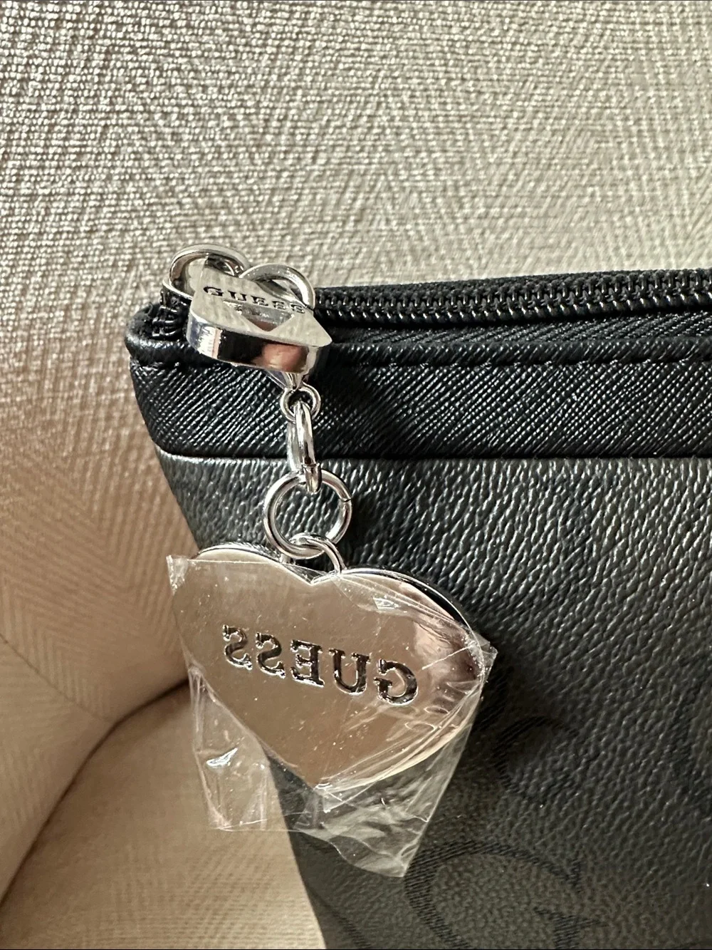 GUESS Black Logo-Print Toiletry Pouch with Heart Charm
